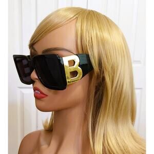 Sunglasses Women Black Oversized Square Frame with Gold B